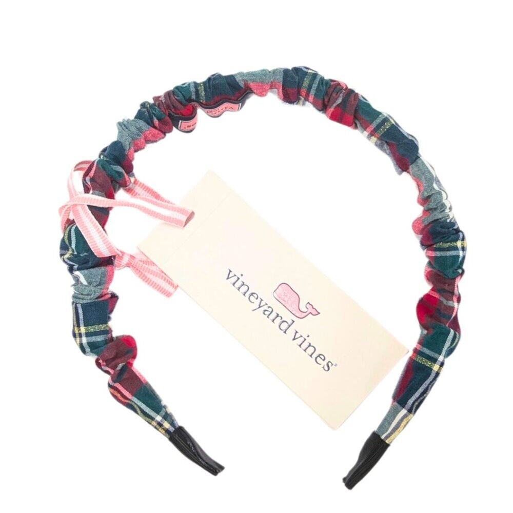 Vineyard Vines NWT Women's Tartan Plaid Metallic White Scrunchie Headband